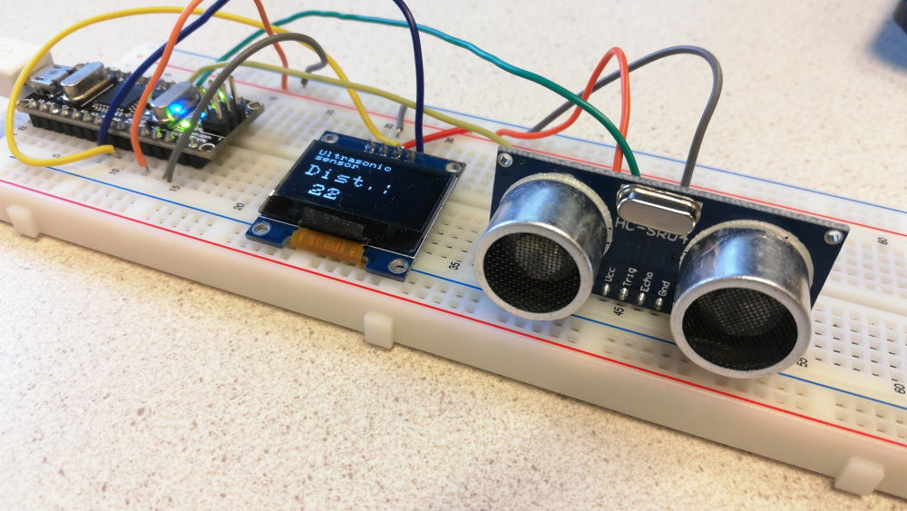 Photo of breadboard with Arduino Nano, HC-SR04