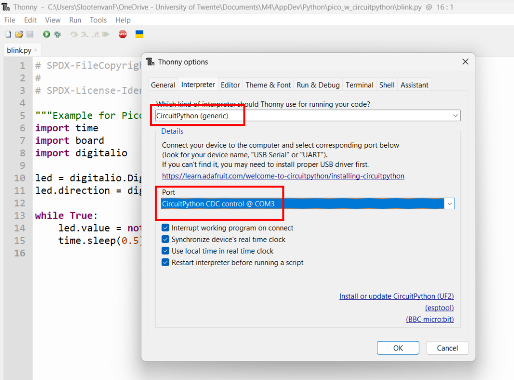 Configure Thonny editor: choose interpreter and Port