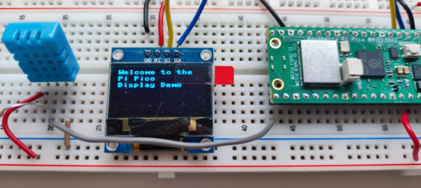 Breadboard with temperature sensor, display and Raspberry Pi Pico